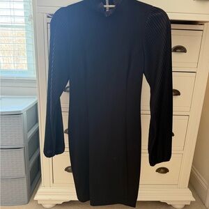 DREW Black Mini Dress with Textured Sleeves